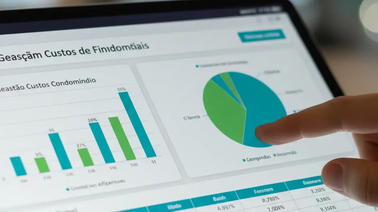 Gráficos e planilhas ilustrando o controle financeiro e a gestão de custos eficientes na administração de condomínio