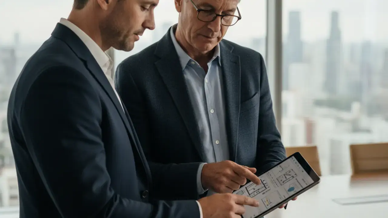 Reunião estratégica entre sócios da AGIS e síndico, discutindo a gestão de condomínios de alto valor para valorização patrimonial.